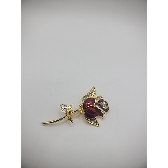 Vintage Brooch Pin Rose Flower Gold Tone Crystals Jewelry Costume - Picture 15 of 15